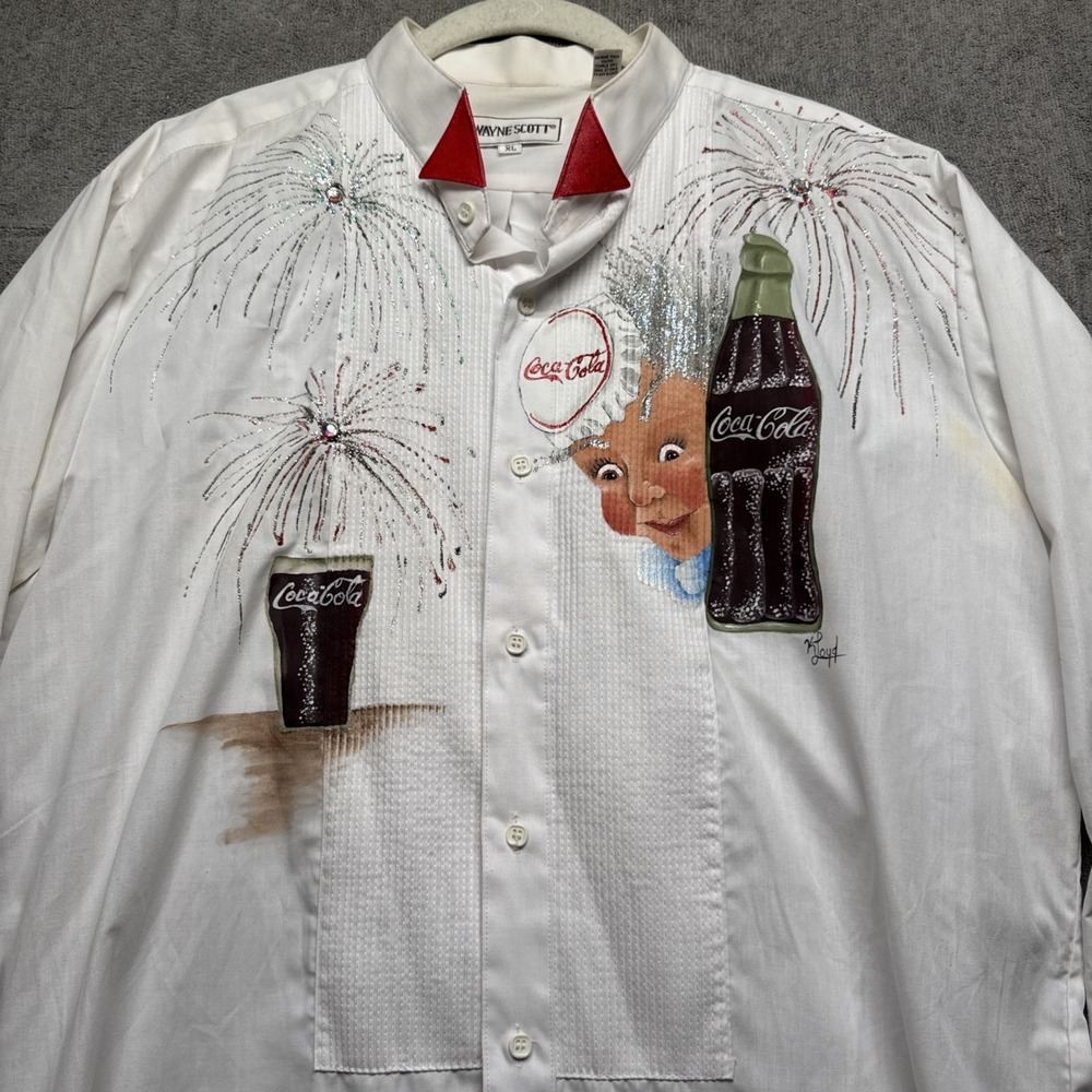 Vintage Coca Cola Hand Painted Button Down Shirt‎ Fireworks Americana XL